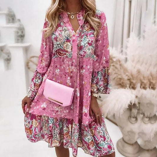 Retro Floral Print Dress Women Elegant Flare Sleeve Splicing Ruffles Mini Dress Ladies V Neck Loose Bohemian Beach Dresses 2022