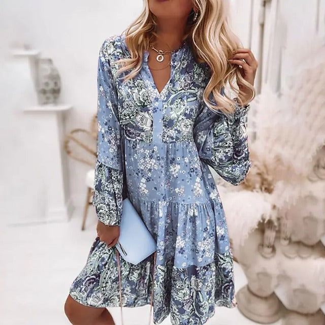 Retro Floral Print Dress Women Elegant Flare Sleeve Splicing Ruffles Mini Dress Ladies V Neck Loose Bohemian Beach Dresses 2022