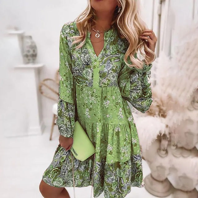 Retro Floral Print Dress Women Elegant Flare Sleeve Splicing Ruffles Mini Dress Ladies V Neck Loose Bohemian Beach Dresses 2022