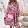 Retro Floral Print Dress Women Elegant Flare Sleeve Splicing Ruffles Mini Dress Ladies V Neck Loose Bohemian Beach Dresses 2022