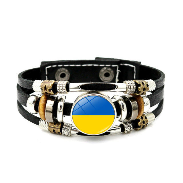 Ukraine Beaded Bracelet for Men Jewelry Ukraine Flag Trident Symbol Snap Button Bracelets Bangle Multilayer PU Leather Bracelet