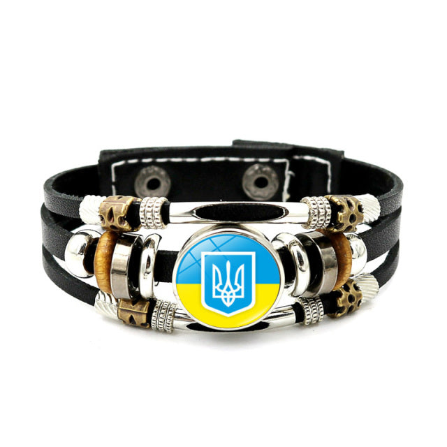 Ukraine Beaded Bracelet for Men Jewelry Ukraine Flag Trident Symbol Snap Button Bracelets Bangle Multilayer PU Leather Bracelet