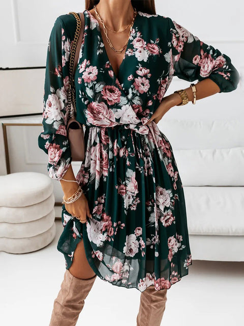 Chiffon Long Sleeve Floral Print Dress Women 2021 Autumn Casual Deep V Neck Green Pleated Office Dresses For Women Robe Femme