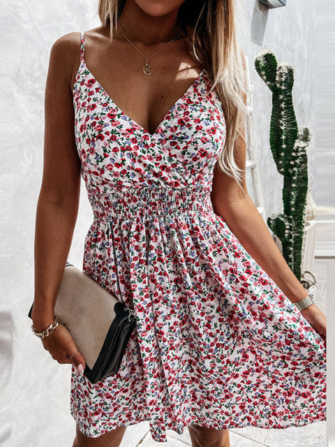 Women Retro Floral Prints Elastic Waist Mini Dress Sexy Deep V Neck Sleeveless Sling Dress Summer Backless Lady Dresses Vestidos