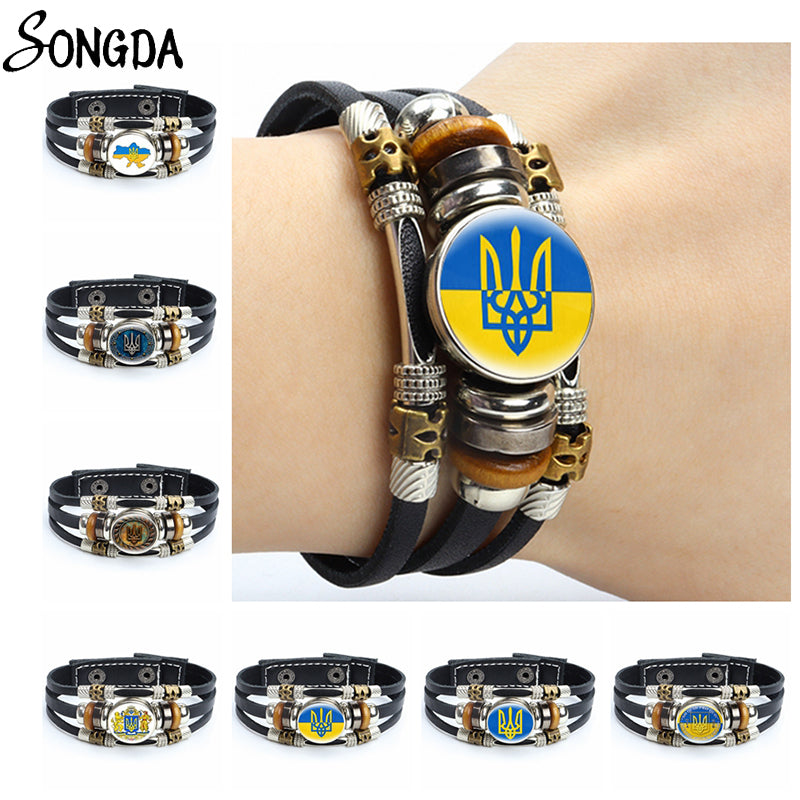 Multilayer Ukrainian Flag Symbol Leather Bracelets Trident Tryzub Ukraine Braided Bracelets Bangles Glass Cabochon Jewelry Gifts