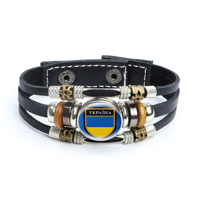 Multilayer Ukrainian Flag Symbol Leather Bracelets Trident Tryzub Ukraine Braided Bracelets Bangles Glass Cabochon Jewelry Gifts