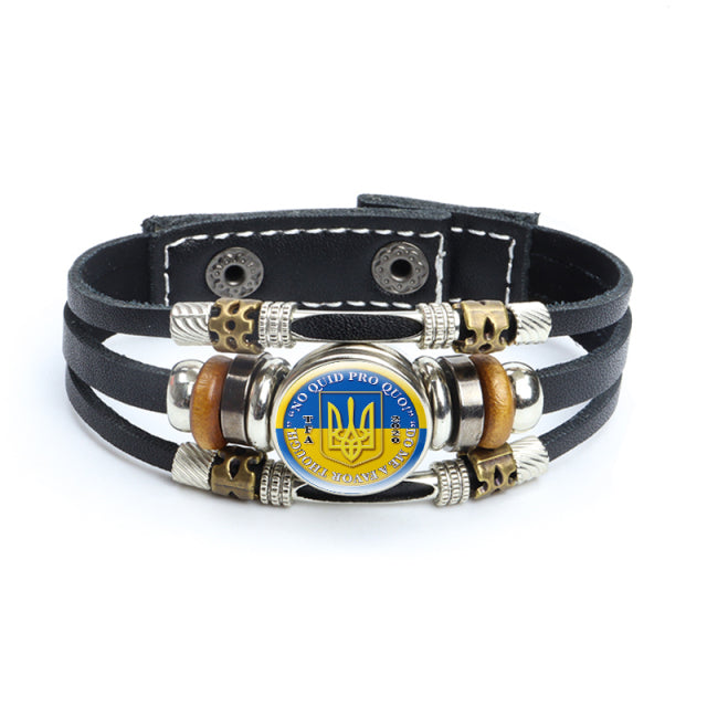 Multilayer Ukrainian Flag Symbol Leather Bracelets Trident Tryzub Ukraine Braided Bracelets Bangles Glass Cabochon Jewelry Gifts