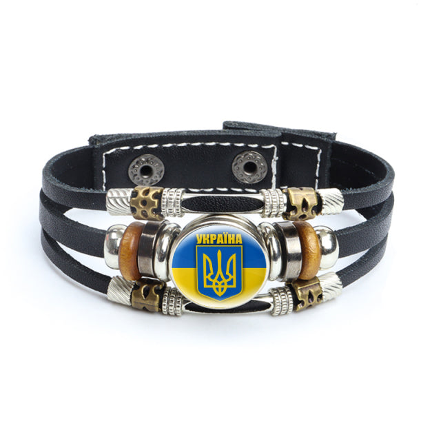 Multilayer Ukrainian Flag Symbol Leather Bracelets Trident Tryzub Ukraine Braided Bracelets Bangles Glass Cabochon Jewelry Gifts