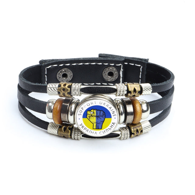 Multilayer Ukrainian Flag Symbol Leather Bracelets Trident Tryzub Ukraine Braided Bracelets Bangles Glass Cabochon Jewelry Gifts