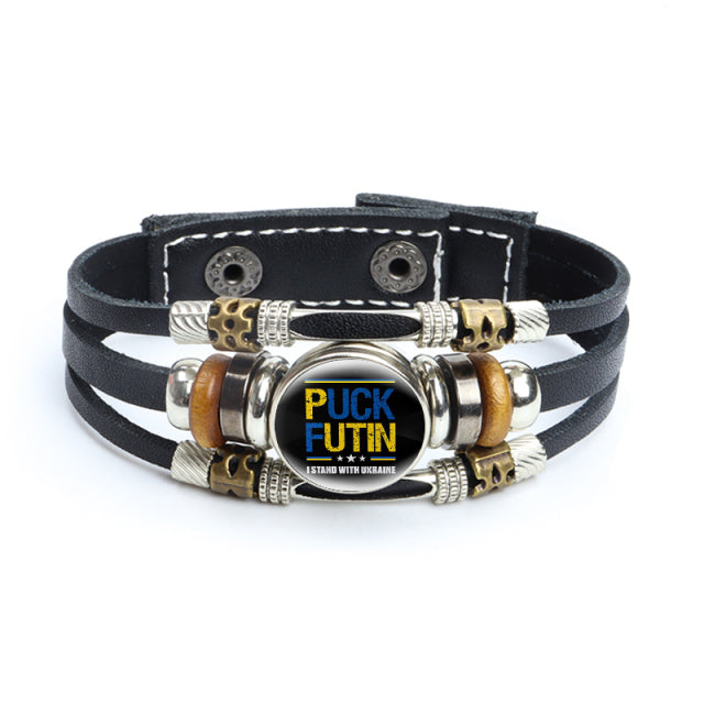 Multilayer Ukrainian Flag Symbol Leather Bracelets Trident Tryzub Ukraine Braided Bracelets Bangles Glass Cabochon Jewelry Gifts