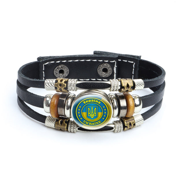 Multilayer Ukrainian Flag Symbol Leather Bracelets Trident Tryzub Ukraine Braided Bracelets Bangles Glass Cabochon Jewelry Gifts