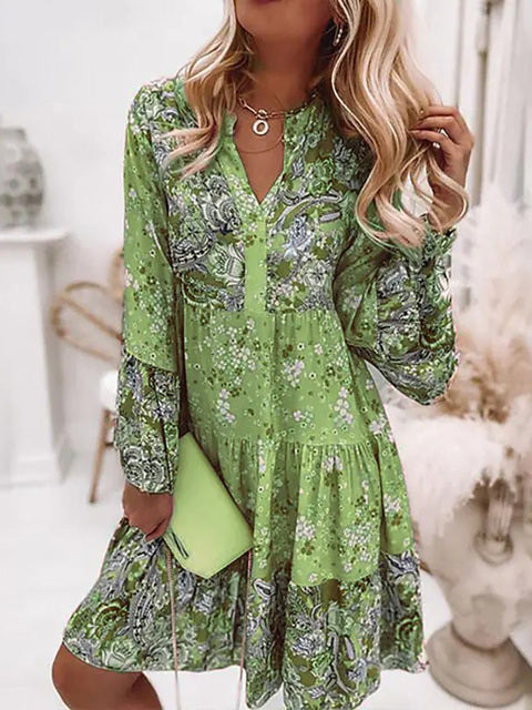 Elegant Retro Floral Print Flare Sleeve Mini Dress Women Spring Summer Ruffle Loose Women Party Dress Casual V Neck Beach Dress