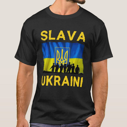 Ukrainian Trident Flag Soldiers Silhouette Glory To Ukraine T-Shirt. Premium Cotton Short Sleeve O-Neck Mens T Shirt New S-3XL