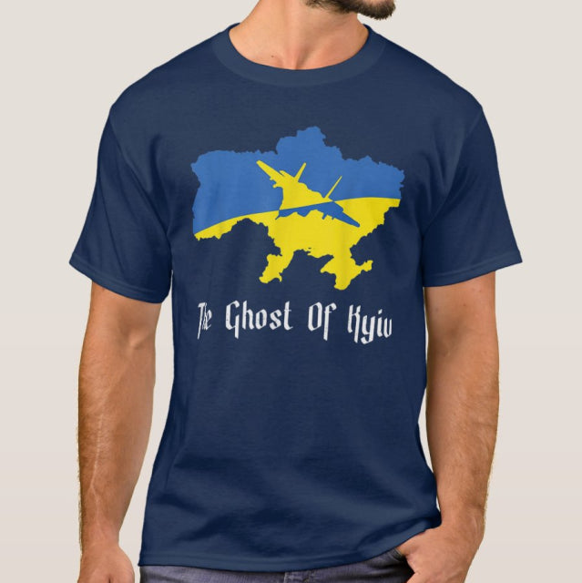 Ukrainian Flag Map Ghost of Kyiv T Shirt. Custom Premium Cotton