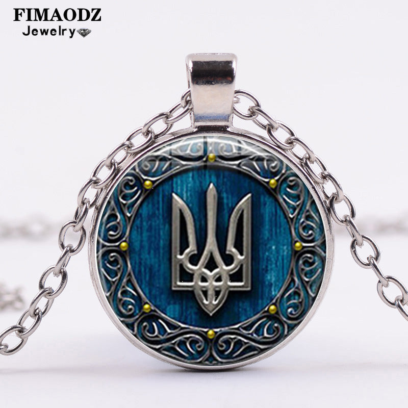 FIMAODZ Retro Tryzub Ukraine Necklace Ukrainian Symbol Glass Dome Pendant Necklaces for Men Jewelry