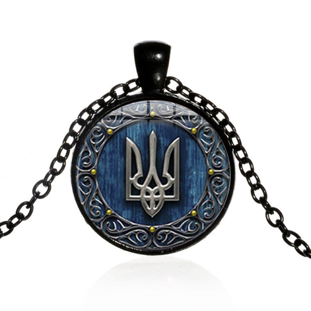 FIMAODZ Retro Tryzub Ukraine Necklace Ukrainian Symbol Glass Dome Pendant Necklaces for Men Jewelry
