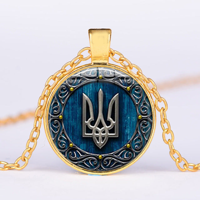FIMAODZ Retro Tryzub Ukraine Necklace Ukrainian Symbol Glass Dome Pendant Necklaces for Men Jewelry