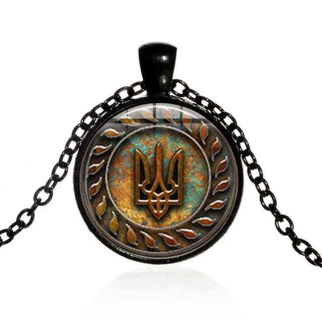 FIMAODZ Retro Tryzub Ukraine Necklace Ukrainian Symbol Glass Dome Pendant Necklaces for Men Jewelry