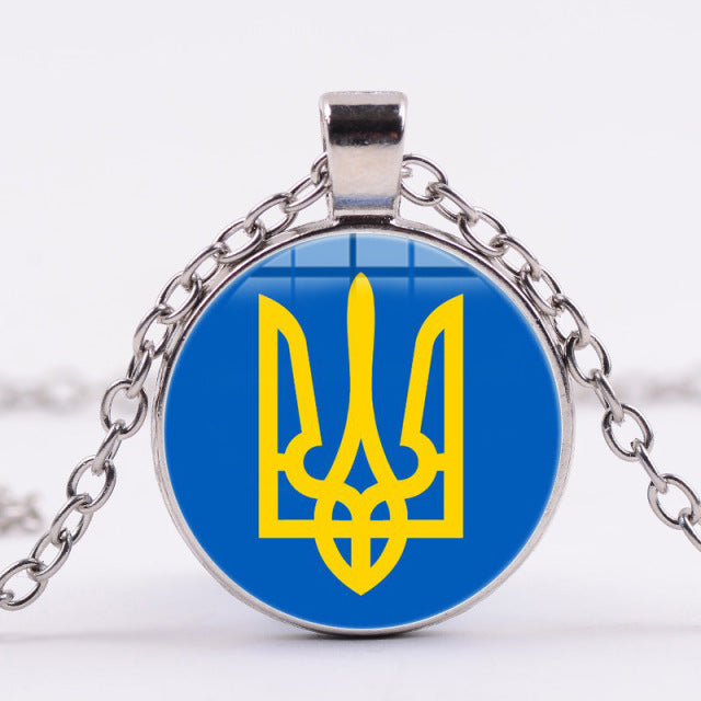 FIMAODZ Retro Tryzub Ukraine Necklace Ukrainian Symbol Glass Dome Pendant Necklaces for Men Jewelry