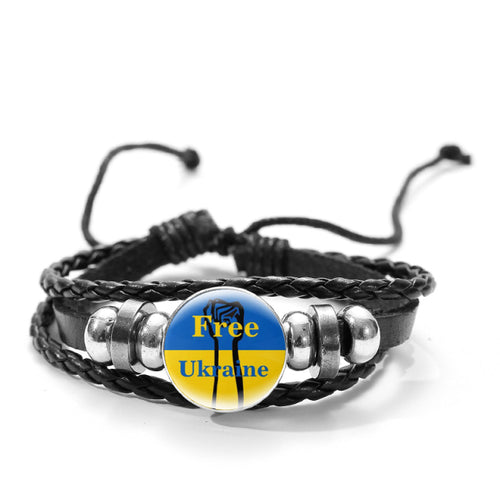 CHSXY Tryzub Ukraine Leather Bracelet Alloy Glass Dome Snap Button Charm Woven Wrap Bracelet Bangle Men Women Ukrainian Jewelry