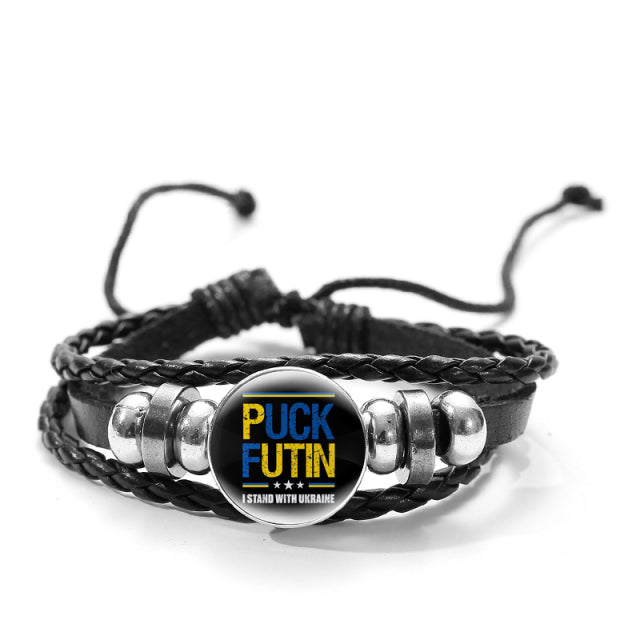 CHSXY Tryzub Ukraine Leather Bracelet Alloy Glass Dome Snap Button Charm Woven Wrap Bracelet Bangle Men Women Ukrainian Jewelry