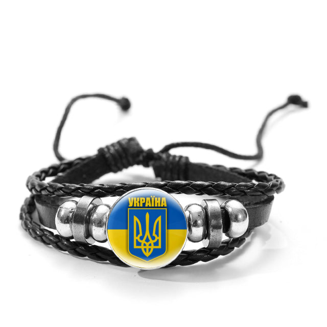 CHSXY Tryzub Ukraine Leather Bracelet Alloy Glass Dome Snap Button Charm Woven Wrap Bracelet Bangle Men Women Ukrainian Jewelry
