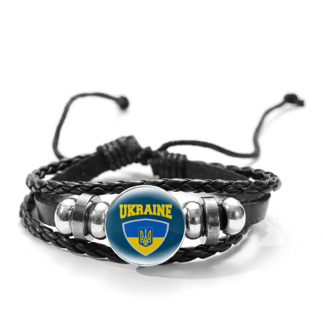 CHSXY Tryzub Ukraine Leather Bracelet Alloy Glass Dome Snap Button Charm Woven Wrap Bracelet Bangle Men Women Ukrainian Jewelry