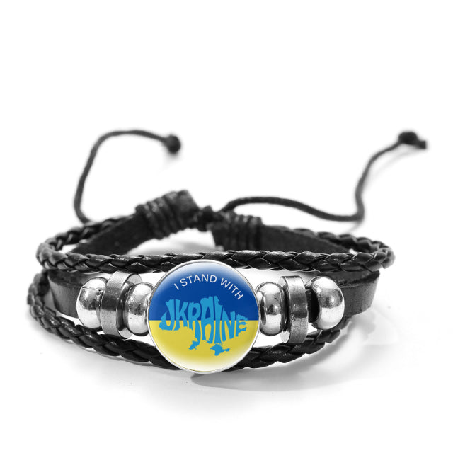 CHSXY Tryzub Ukraine Leather Bracelet Alloy Glass Dome Snap Button Charm Woven Wrap Bracelet Bangle Men Women Ukrainian Jewelry