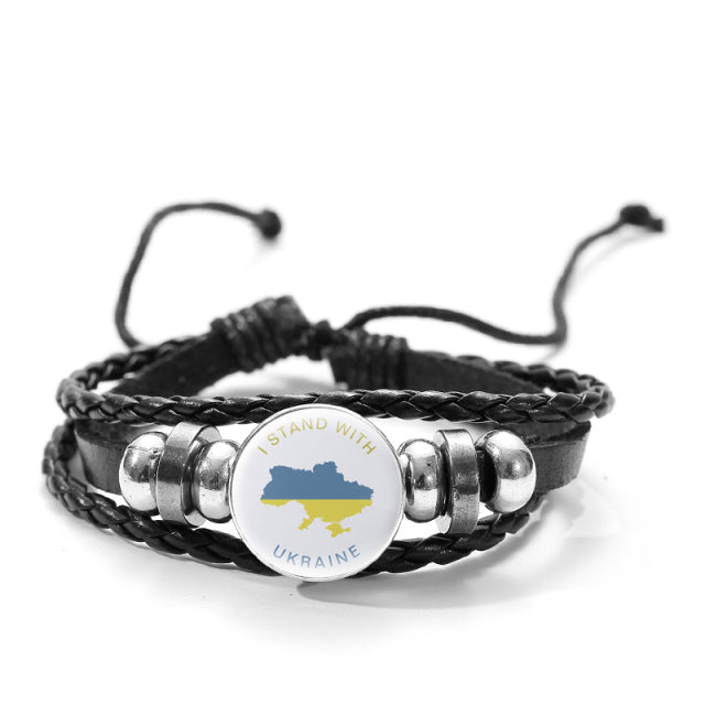 CHSXY Tryzub Ukraine Leather Bracelet Alloy Glass Dome Snap Button Charm Woven Wrap Bracelet Bangle Men Women Ukrainian Jewelry