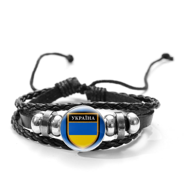 CHSXY Tryzub Ukraine Leather Bracelet Alloy Glass Dome Snap Button Charm Woven Wrap Bracelet Bangle Men Women Ukrainian Jewelry