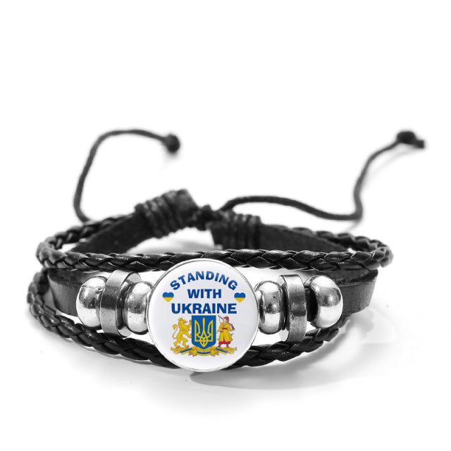 CHSXY Tryzub Ukraine Leather Bracelet Alloy Glass Dome Snap Button Charm Woven Wrap Bracelet Bangle Men Women Ukrainian Jewelry
