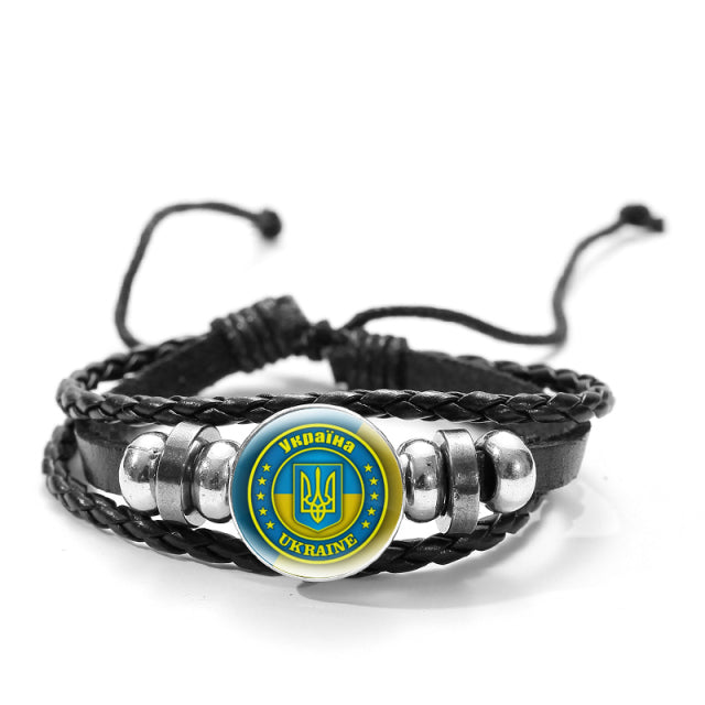 CHSXY Tryzub Ukraine Leather Bracelet Alloy Glass Dome Snap Button Charm Woven Wrap Bracelet Bangle Men Women Ukrainian Jewelry