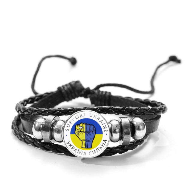 CHSXY Tryzub Ukraine Leather Bracelet Alloy Glass Dome Snap Button Charm Woven Wrap Bracelet Bangle Men Women Ukrainian Jewelry
