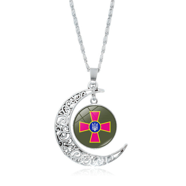 Ukraine Flag Crystal Necklace for Women Jewelry Silver Color Moon Pendant Ukrainian Flag Trident Symbol Glass Necklaces Choker