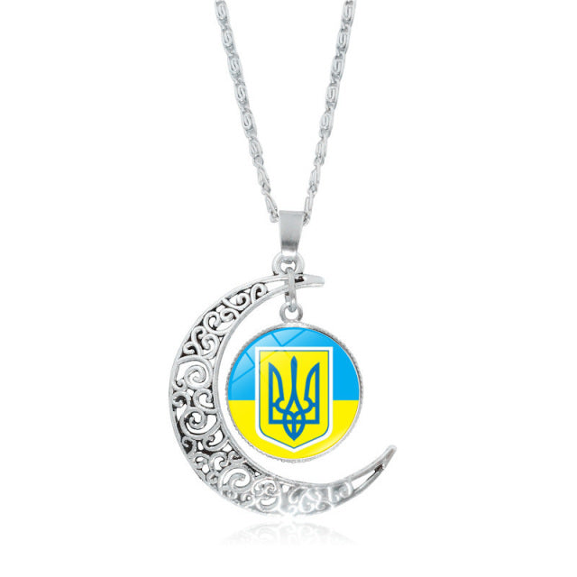 Ukraine Flag Crystal Necklace for Women Jewelry Silver Color Moon Pendant Ukrainian Flag Trident Symbol Glass Necklaces Choker