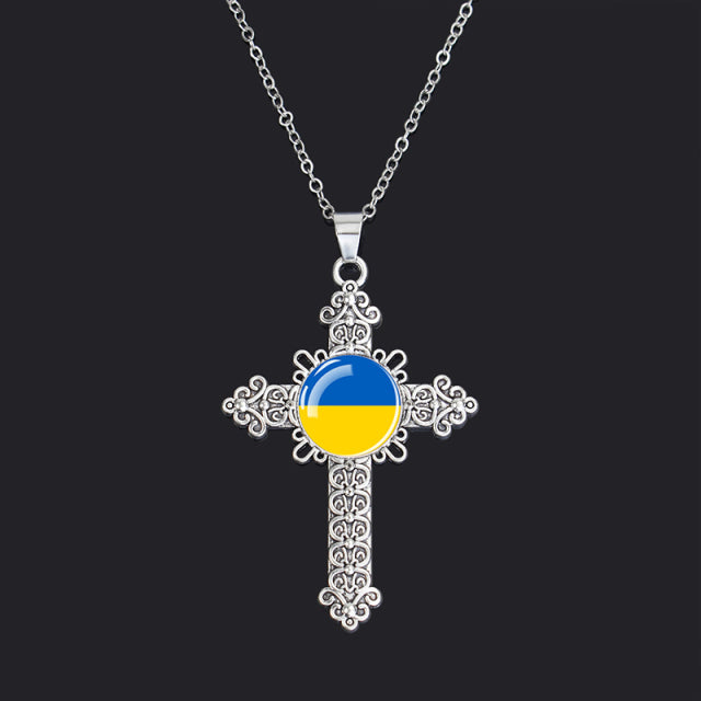 Ukraine Country Flag Necklace Charms Crystal Glass Dome Pendant Collar Necklaces Steampunk Ukrainian Jewelry Patriot Gift