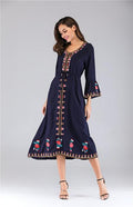 Ukrainian Embroidered Dress Vyshyvanka Boho Dress V-Neck Ethnic Summer Cocktail Vintage Flare Sleeve Mid-Calf Sleeve New Fashion