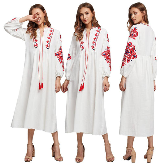 Fashion Ethnic Muslim Women Long Sleeve Maxi Dress Embroidery Arab Abaya Drawstring Dress Ukrainian Vyshyvanka Dresses Lady New