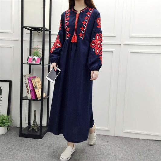 Fashion Ethnic Muslim Women Long Sleeve Maxi Dress Embroidery Arab Abaya Drawstring Dress Ukrainian Vyshyvanka Dresses Lady New