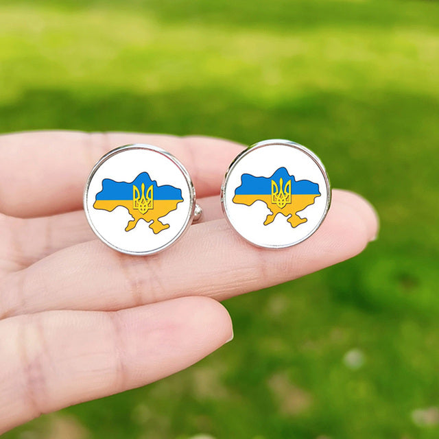 Tryzub Ukraine Symbol Cufflinks for Men Ukraine Flag Custom Glass Cabochon Metal Cuff Links High Quality Shirt Cuff Buttons Gift