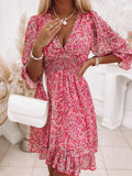 Elegant Retro Floral Print Flare Sleeve Mini Dress Spring Ruffle Loose Women Party Dress Casual V Neck Beach Pullover Dress 2022