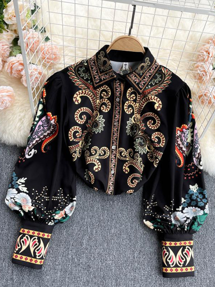 2022 Spring Autumn Fashion New Retro Blouse Female Field Totem Printing Lantern Sleeve Lapel Blusa All-match Shirt GK330
