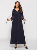 Abaya Muslim Women Long Dress Autumn Embroidery Ethnic Tassel Islam Drawstring Maxi Party Gown Clothing Kaftan Ukrainian Fashion