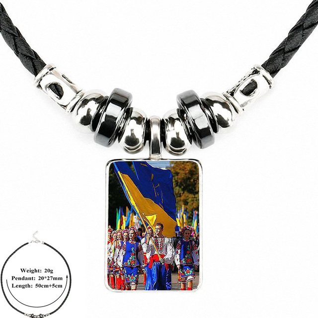 World Cup Ukrainian Flag Ukraine For Girls Handmade Gift Glass Cabochon Anime Jewelry Black Leather Bead Pendant Necklace
