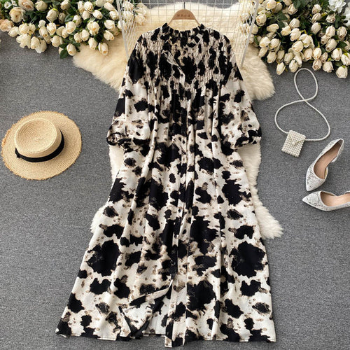 2021 New Autumn European American Vestidos Women's Round Neck Puff Sleeve Printed Holiday Midi Dress DK1334