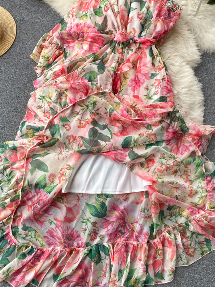 2022 Summer European American Floral Maxi Vestidos Women's Diagonal Collar One-shoulder Ruffled Temperament Dress C639