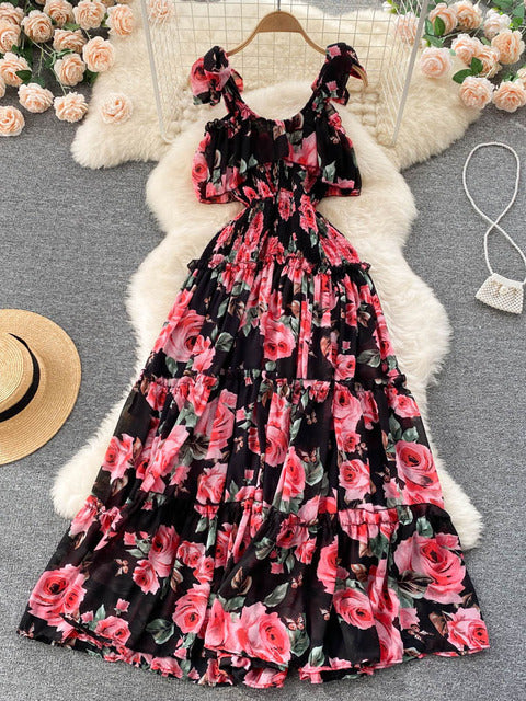 2022 Beach Dresses Women Show Thin Seaside Holiday Maxi Pleated Long Super Fairy Chiffon Print Vestidos D968