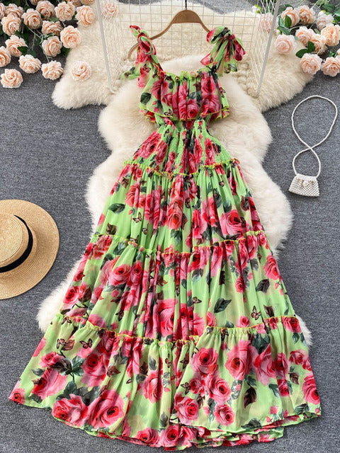 2022 Beach Dresses Women Show Thin Seaside Holiday Maxi Pleated Long Super Fairy Chiffon Print Vestidos D968