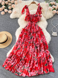 2022 Beach Dresses Women Show Thin Seaside Holiday Maxi Pleated Long Super Fairy Chiffon Print Vestidos D968