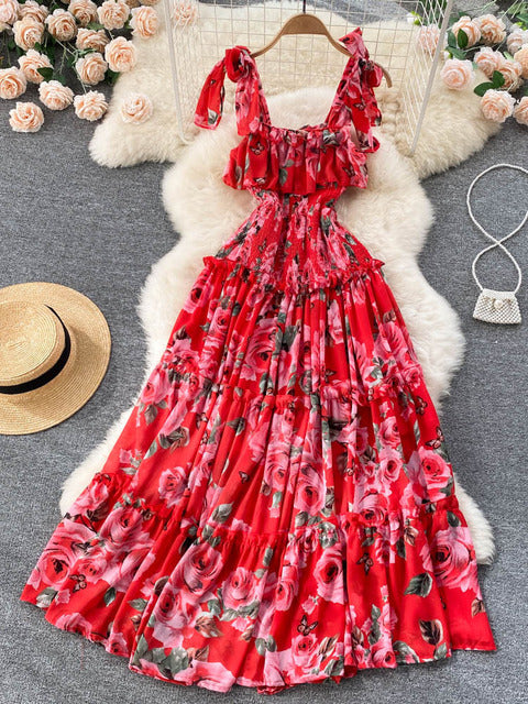 2022 Beach Dresses Women Show Thin Seaside Holiday Maxi Pleated Long Super Fairy Chiffon Print Vestidos D968